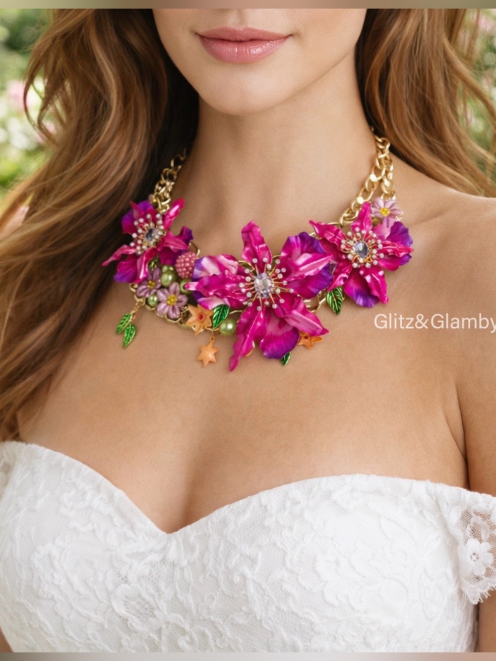 Betsey Johnson Fuchsia Floral Crystal Statement Necklace - Picture 2 of 5